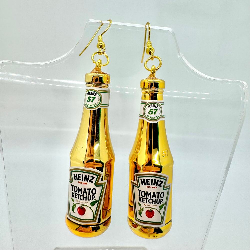 Gold Ketchup Earrings - Metallic Condiment Dangles - Funky Foodcore Aesthetic